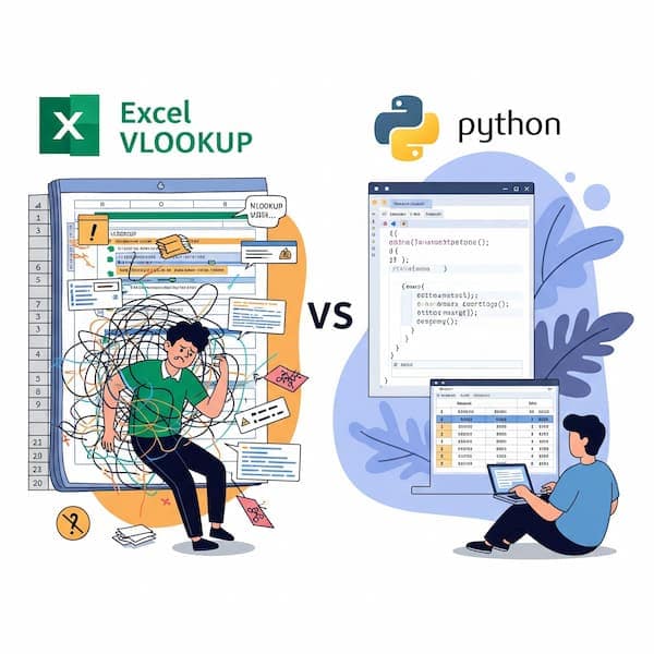 Humorous illustration comparing the frustration of using VLOOKUP in Excel (tangled formulas, errors, chaos) with the ease and efficiency of merging data using Python (clean code, smooth workflow). Ideal for articles on data analysis, Excel limitations, Python for data science, and transitioning from spreadsheets to programming. Excel in front of python