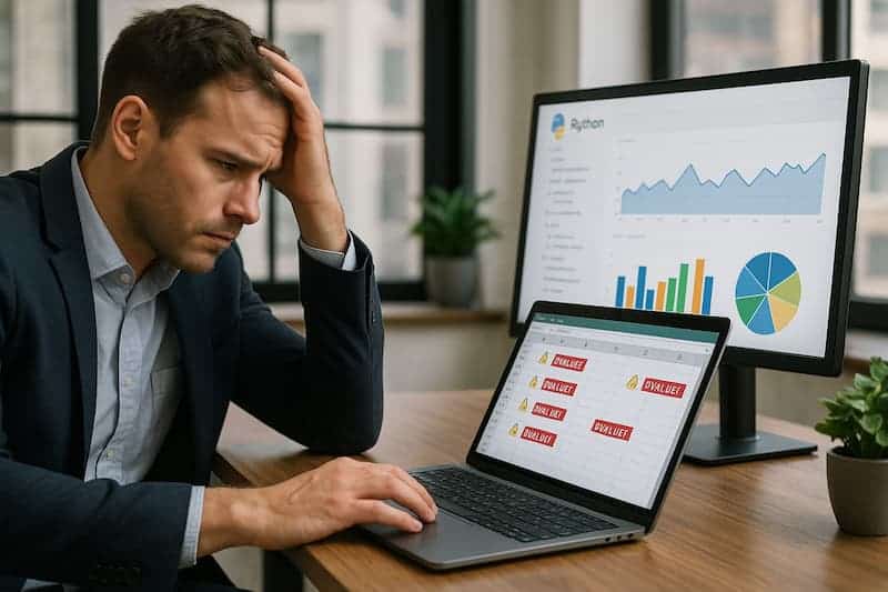 A stressed business analyst in a modern corporate office looks at a laptop screen filled with Excel formula errors and VALUE! warnings. Beside him, a second monitor displays a clean, professional Python-powered data dashboard with line charts, bar charts, and a pie chart. The image highlights the contrast between error-prone Excel spreadsheets and reliable Python automation for business reporting and data analysis. Keywords: Excel errors, Python automation, reliable dashboards, business reporting, data accuracy. man frustrated at