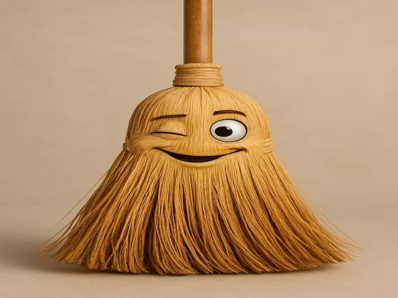 A friendly, winking broom with a smiling face, symbolizing easy and automated data cleanup. It represents effortlessly "sweeping" away messy text data and manual Excel processing. cleaning