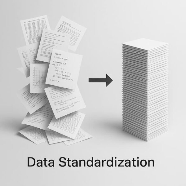Conceptual image showing data standardization process — a disorganized stack of varied documents on the left transitioning to a neat, uniform stack on the right. Represents how Python automation can clean and standardize data for reliable Excel reporting and analysis. data standardization2