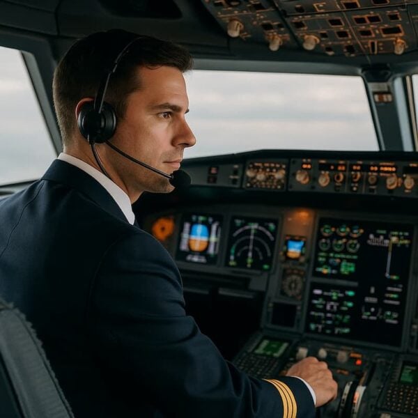 A professional co-pilot in a modern airplane cockpit, dressed in a crisp navy-blue uniform with gold stripes, focused on flying. Surrounded by an array of illuminated instruments and flight displays, the image symbolizes control, precision, and guidance. This visual metaphor represents Python acting as a data automation co-pilot, supporting Excel users with complex, repetitive tasks through smart, efficient scripting. Ideal for themes of automation, productivity, and technical support. co pilot