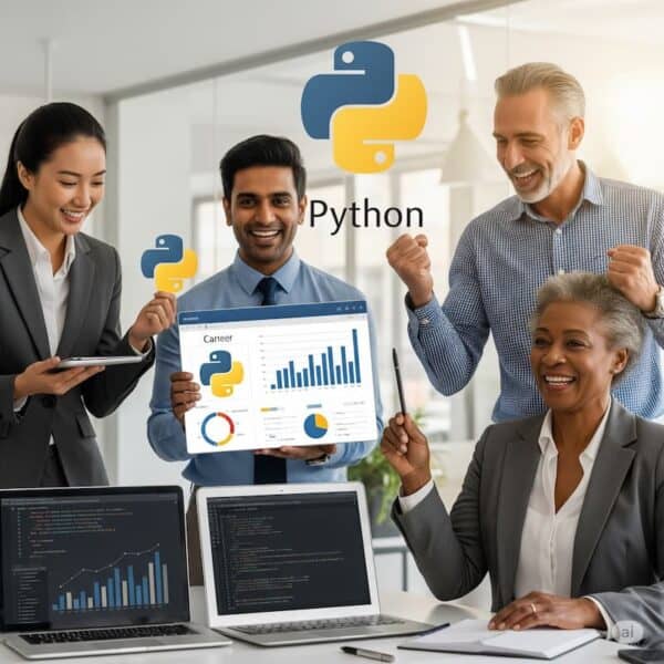 A high-angle shot captures four smiling business professionals, appearing to be in an office environment, showcasing the benefits of Python for data management. In the foreground, a Black woman with short, curly grey hair, dressed in a grey suit jacket, smiles at the viewer while holding a pen and taking notes on a notepad. To her right, a light-skinned man with grey hair and a checkered blue shirt raises his fist in a celebratory gesture, looking towards the center. At the center of the image, an East Asian man, dressed in a blue button-up shirt and tie, holds up a tablet displaying a dashboard with charts, graphs, and the Python logo. He smiles directly at the viewer. To his left, an East Asian woman in a grey suit jacket holds a smaller tablet, also smiling at the viewer. Two open laptops are visible on the table in the foreground, displaying code and data visualizations (charts and graphs). Two large Python logos are digitally overlaid in the background, one above the East Asian man and another smaller one near the East Asian woman, with the word "Python" clearly visible between the two main figures in the background. The overall impression is one of success, collaboration, and modern data solutions. A team celebrates using Python automation to solve the problems of large datasets in Excel