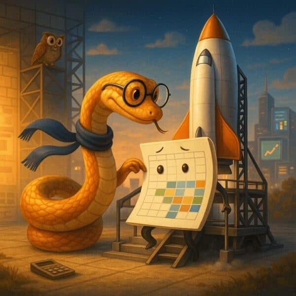 This whimsical illustration shows a clever, cartoon-style python snake wearing glasses and a scarf, mentoring a worried-looking Excel spreadsheet character in front of a rocket launch pad at sunset. The scene symbolizes the leap from traditional Excel tasks—like VLOOKUPs and manual merging—to high-powered Python automation. With a rocket ready for liftoff, the image represents launching beyond Excel's limitations into a faster, smarter workflow using Python. Perfect for content targeting Excel users overwhelmed by repetitive data tasks image